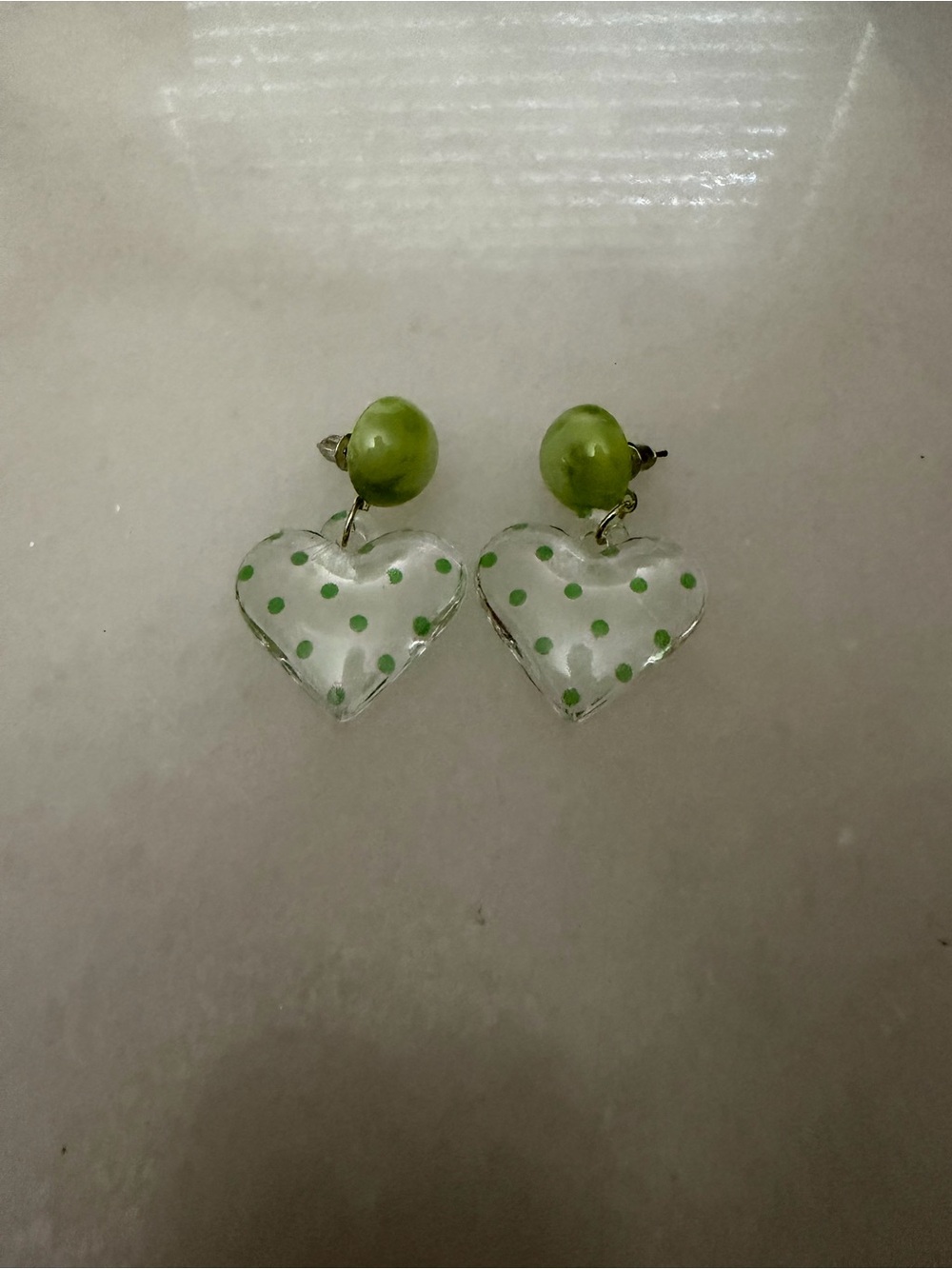Green Polka Dot Heart Drop Earrings for Women
